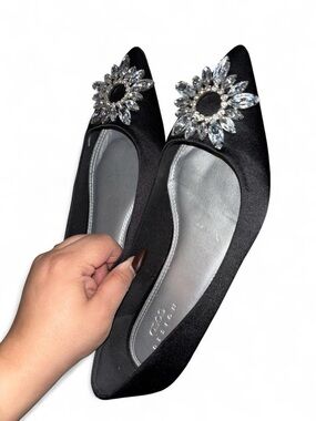 ASOS Black satin pointed toe flats with rhinestone flower detail